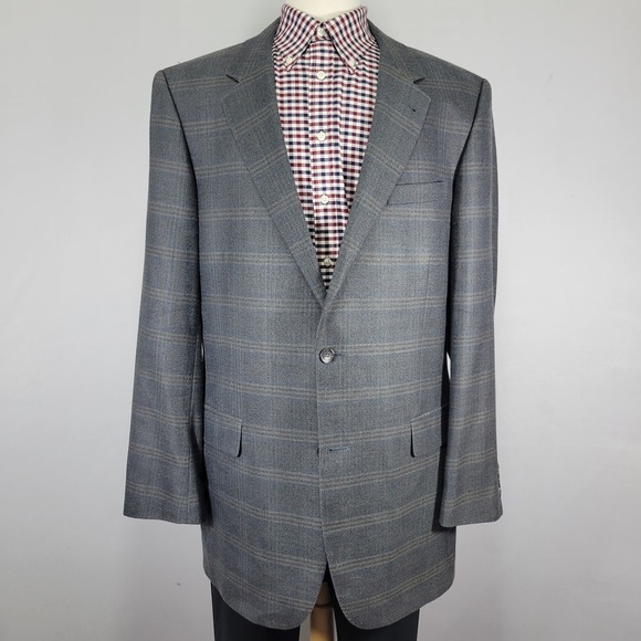 JOS A BANK Men's Sport Coat Blazer Two Button Gray Plaid Silk Wool Blend 44XL‎